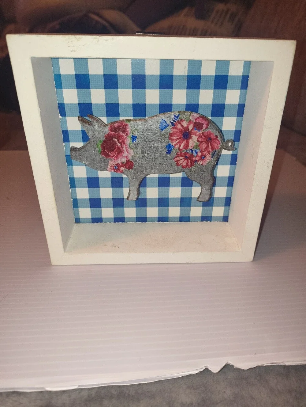 Floral Pig Shadow Box with Blue Gingham